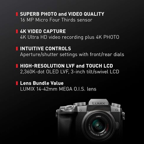 Panasonic LUMIX G7 4K Digital Camera, with LUMIX G VARIO 14-42mm Mega O.I.S. Lens, 16 Megapixel Mirrorless Camera, 3-Inch LCD, DMC-G7KK (Black) in Kuwait