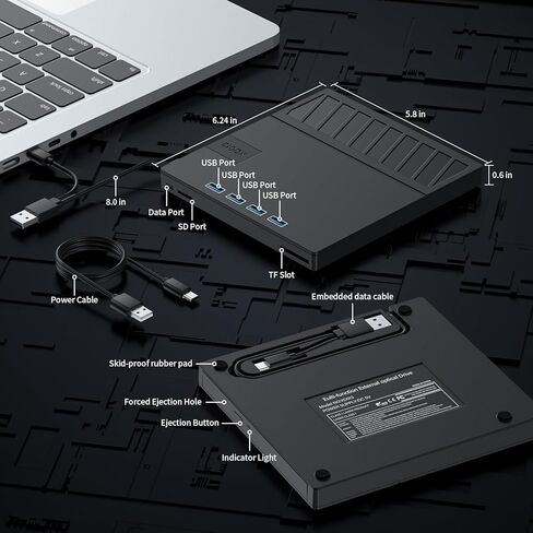 محرك أقراص CD/DVD خارجي من APPINESSEY لأجهزة الكمبيوتر المحمول، مشغل أقراص CD/DVD محمول 7 في 1 USB فائق النحافة، ذاكرة SD TF CD ROM متوافق مع مشغل DVD خارجي لأجهزة الكمبيوتر المحمول MacBook، Windows 11/10/8/7 Linux (أسود) in Kuwait