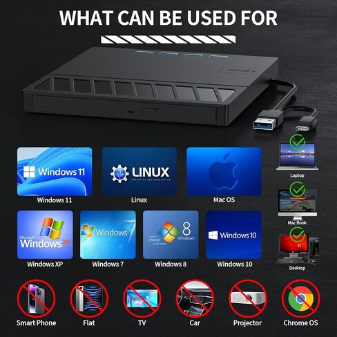 محرك أقراص CD/DVD خارجي من APPINESSEY لأجهزة الكمبيوتر المحمول، مشغل أقراص CD/DVD محمول 7 في 1 USB فائق النحافة، ذاكرة SD TF CD ROM متوافق مع مشغل DVD خارجي لأجهزة الكمبيوتر المحمول MacBook، Windows 11/10/8/7 Linux (أسود) in Kuwait