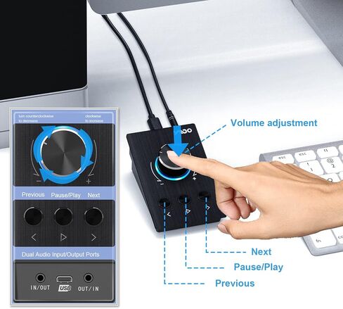 وحدة تحكم في مستوى الصوت USB S04 من يموو، مقبض تحكم في الوسائط المتعددة مع وظيفة التشغيل/الايقاف/الخلف/الامام, مقبض معدني لكتم الصوت بنقرة واحدة، تحكم مزدوج 3.5 ملم ومنفذ USB نوع C متوافق مع ويندوز in Kuwait