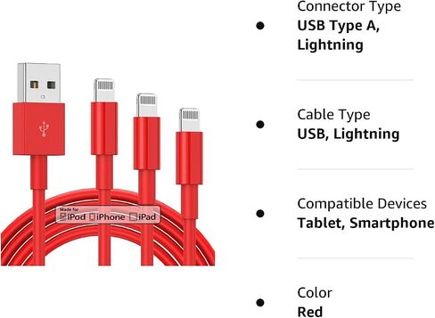 3 Pack Apple MFi Certified iPhone Charger Cable 6ft, Apple Lightning to USB Cable Cord 6 Foot, 2.4A Fast Charging,Apple Phone Long Chargers for iPhone 14/13/12/11/11 Pro/11 Max/X/XS/XR/XS Max/8/7/6 in Saudi Arabia
