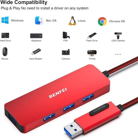 موزع USB 3.0 من BENFEI، 4 منافذ USB A موسع فائق النحافة للماوس ولوحة المفاتيح ومحرك الأقراص المحمول وقرص U والطابعة المتوافقة مع أجهزة الكمبيوتر المحمول وأجهزة الكمبيوتر المكتبية وXbox وPS5 والمزيد in Kuwait