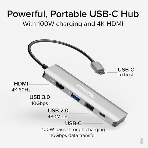 Plugable USB C Hub Multiport Adapter, 4 in 1, 100W Pass Through Charging, USB C to HDMI 4K 60Hz, Multi USB Port Hub for Windows, Mac, Ipad Pro, Chromebook, Thunderbolt (USBC-4IN1) in Saudi Arabia