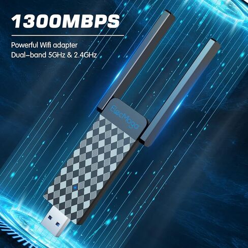 محول واي فاي USB، محول الشبكة اللاسلكية ElecMoga 1300Mbps ثنائي النطاق 5 جيجا هرتز/2.4 جيجا هرتز واي فاي دونجل USB 3.0 5dBi محول واي فاي هوائي للكمبيوتر المكتبي، يدعم Windows 11/10/8.1/8/7، Mac OS 10.9-10.15 in Kuwait