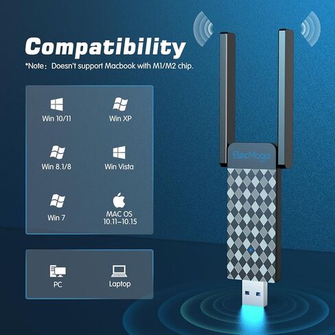 محول واي فاي USB، محول الشبكة اللاسلكية ElecMoga 1300Mbps ثنائي النطاق 5 جيجا هرتز/2.4 جيجا هرتز واي فاي دونجل USB 3.0 5dBi محول واي فاي هوائي للكمبيوتر المكتبي، يدعم Windows 11/10/8.1/8/7، Mac OS 10.9-10.15 in Kuwait
