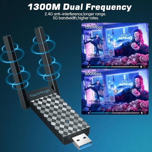 محول واي فاي USB، محول الشبكة اللاسلكية ElecMoga 1300Mbps ثنائي النطاق 5 جيجا هرتز/2.4 جيجا هرتز واي فاي دونجل USB 3.0 5dBi محول واي فاي هوائي للكمبيوتر المكتبي، يدعم Windows 11/10/8.1/8/7، Mac OS 10.9-10.15 in Kuwait