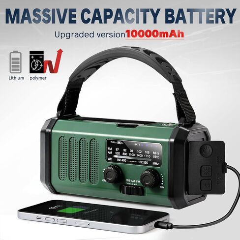 Hand Crank Emergency Radio, NOAA Weather Radio AM/FM,10000mAh | Solar Power Bank,Rechargeable Battery Powered, USB-C Charger, Flashlight, SOS Alarm, for Camping Survival Emergencies in Saudi Arabia