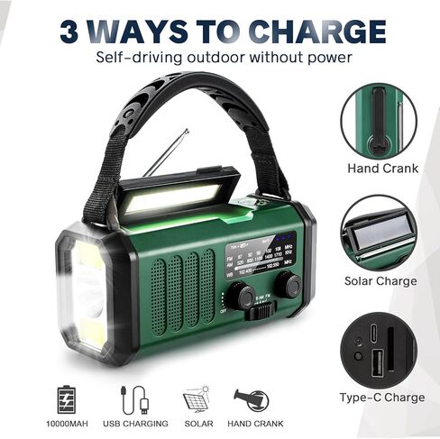 Hand Crank Emergency Radio, NOAA Weather Radio AM/FM,10000mAh | Solar Power Bank,Rechargeable Battery Powered, USB-C Charger, Flashlight, SOS Alarm, for Camping Survival Emergencies in Saudi Arabia