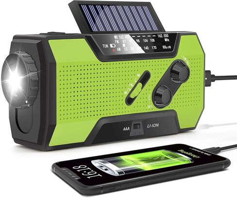 Emergency Crank Weather Radio, AM/FM/NOAA Hand Crank Portable Solar Radio with SOS Alarm, Battery Operated, LED Flashlight & Reading Lamping, 2000mAh Power Bank for Emergency Phone Charge Green in Kuwait