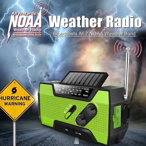 Emergency Crank Weather Radio, AM/FM/NOAA Hand Crank Portable Solar Radio with SOS Alarm, Battery Operated, LED Flashlight & Reading Lamping, 2000mAh Power Bank for Emergency Phone Charge Green in Kuwait