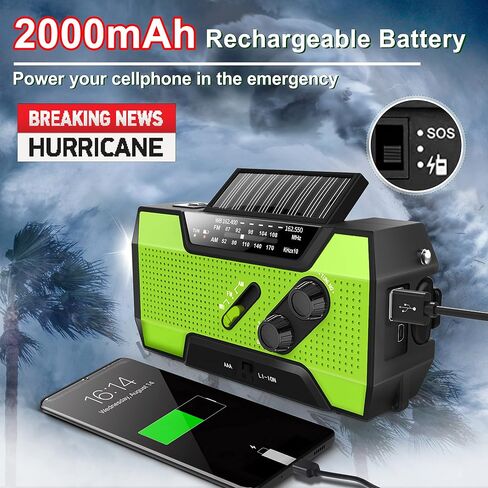 Emergency Crank Weather Radio, AM/FM/NOAA Hand Crank Portable Solar Radio with SOS Alarm, Battery Operated, LED Flashlight & Reading Lamping, 2000mAh Power Bank for Emergency Phone Charge Green in Kuwait