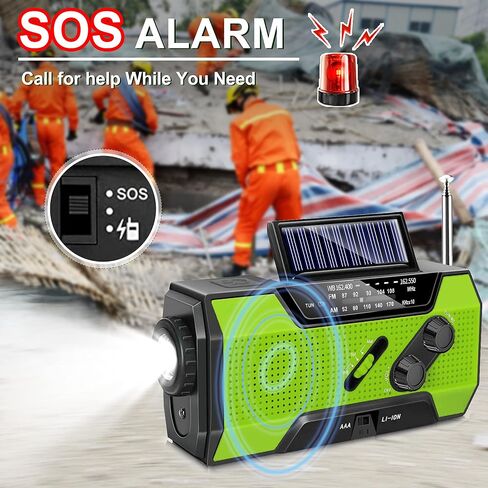 Emergency Crank Weather Radio, AM/FM/NOAA Hand Crank Portable Solar Radio with SOS Alarm, Battery Operated, LED Flashlight & Reading Lamping, 2000mAh Power Bank for Emergency Phone Charge Green in Kuwait