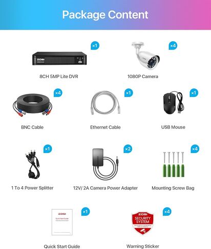 ZOSI H.265+ نظام كاميرا أمان منزلي كامل 1080 بيكسل خارجي داخلي، 5 ميجابكسل لايت CCTV DVR 8 قنوات و4 × 1080 بيكسل (2 ميجابكسل) رؤية ليلية نهارية مقاومة للطقس كاميرا مراقبة رصاصة، تنبيهات الحركة (بدون محرك أقراص ثابتة) in Kuwait