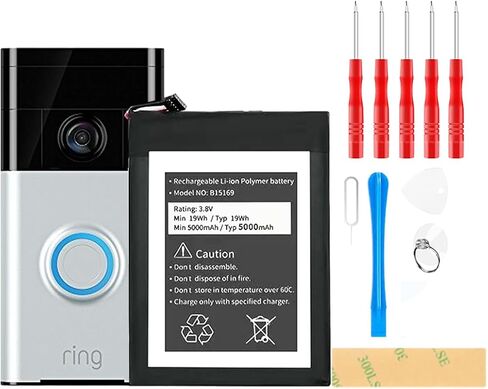 HamnaKhu 【5000 مللي أمبير】 بطارية بديلة لجرس الباب بالفيديو Ring (الجيل الأول) B15169,2023 [محدثة] بطارية ليثيوم بوليمر مدمجة عالية السعة، مع مجموعة أدوات إصلاح in Kuwait