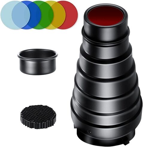 Aluminium Alloy Conical Studio Snoot Kit with 5 Pieces Color Gel Filters and Honeycomb Grid for Bowens Mount Strobe Moonlights Flash Speedlight Photography Light in Kuwait