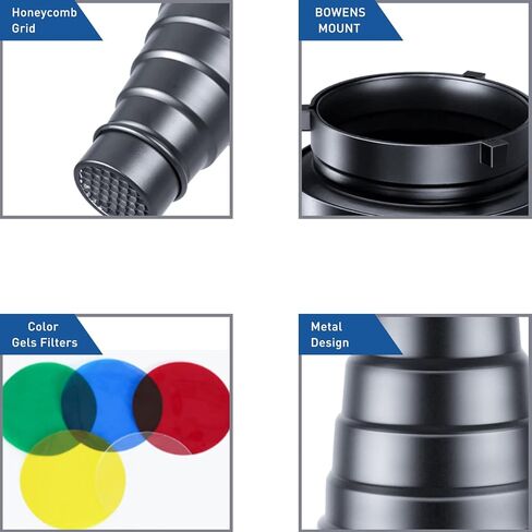 Aluminium Alloy Conical Studio Snoot Kit with 5 Pieces Color Gel Filters and Honeycomb Grid for Bowens Mount Strobe Moonlights Flash Speedlight Photography Light in Kuwait