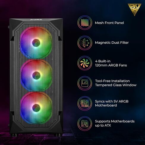 حافظة كمبيوتر ألعاب GAMDIAS ATX Mid Tower ARGB مع زجاج مقسى جانبي، مراوح ARGB PWM مدمجة 4 × 120 مم، تأثير إضاءة RGB فريد من نوعه in Kuwait