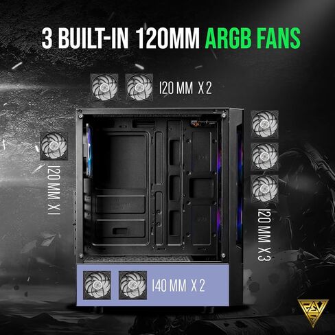 حافظة كمبيوتر ألعاب GAMDIAS ATX Mid Tower ARGB مع زجاج مقسى جانبي، مراوح ARGB PWM مدمجة 4 × 120 مم، تأثير إضاءة RGB فريد من نوعه in Kuwait
