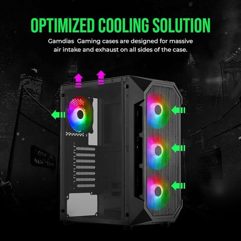 حافظة كمبيوتر ألعاب GAMDIAS ATX Mid Tower ARGB مع زجاج مقسى جانبي، مراوح ARGB PWM مدمجة 4 × 120 مم، تأثير إضاءة RGB فريد من نوعه in Kuwait