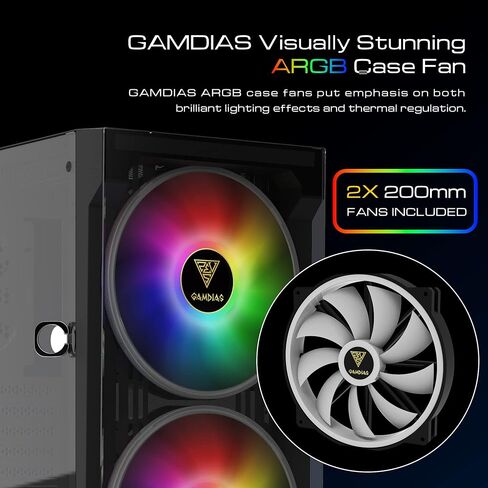 حافظة كمبيوتر ألعاب GAMDIAS ATX Mid Tower ARGB مع زجاج مقسى جانبي، مراوح ARGB PWM مدمجة 4 × 120 مم، تأثير إضاءة RGB فريد من نوعه in Kuwait