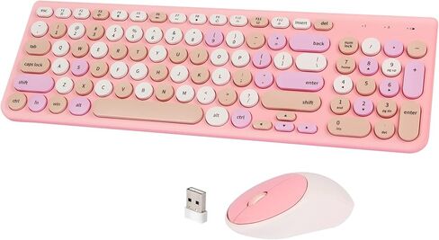 Wireless Keyboard and Mouse Combo, Retro Typewriter Keyboard with Round Keycaps, 2.4GHz USB Cute Wireless Keyboard Mouse for Computer, Desktop, Laptop and Computer (Black-Colorful) in Kuwait