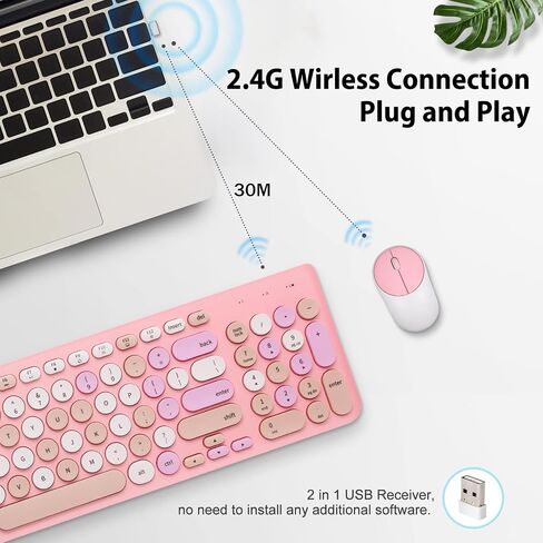 Wireless Keyboard and Mouse Combo, Retro Typewriter Keyboard with Round Keycaps, 2.4GHz USB Cute Wireless Keyboard Mouse for Computer, Desktop, Laptop and Computer (Black-Colorful) in Kuwait
