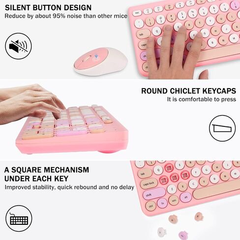 Wireless Keyboard and Mouse Combo, Retro Typewriter Keyboard with Round Keycaps, 2.4GHz USB Cute Wireless Keyboard Mouse for Computer, Desktop, Laptop and Computer (Black-Colorful) in Kuwait