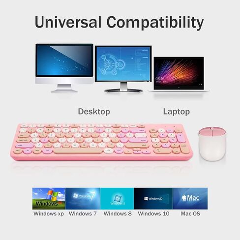 Wireless Keyboard and Mouse Combo, Retro Typewriter Keyboard with Round Keycaps, 2.4GHz USB Cute Wireless Keyboard Mouse for Computer, Desktop, Laptop and Computer (Black-Colorful) in Kuwait