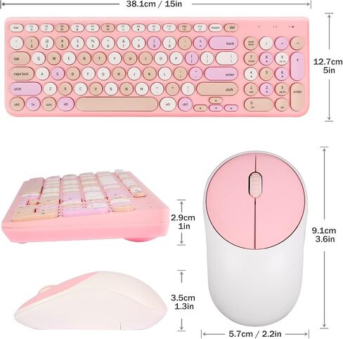 Wireless Keyboard and Mouse Combo, Retro Typewriter Keyboard with Round Keycaps, 2.4GHz USB Cute Wireless Keyboard Mouse for Computer, Desktop, Laptop and Computer (Black-Colorful) in Kuwait