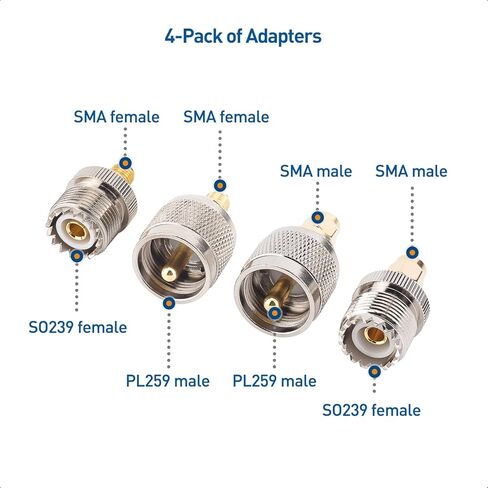 كيبل ماترز مجموعة محولات اس ام ايه الى يو اتش اف (محولات UHF الى SMA) مجموعة محول وموصل من 4 قطع in Kuwait