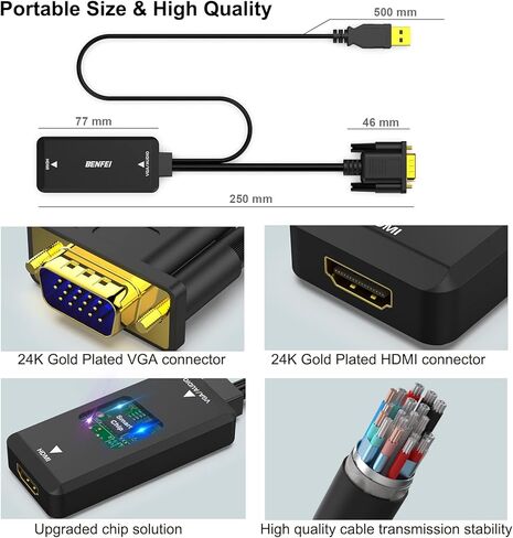 محول BENFEI VGA إلى HDMI، محول 1080P مع صوت من الكمبيوتر/الكمبيوتر المحمول مصدر VGA إلى تلفزيون/شاشة HDMI in Kuwait