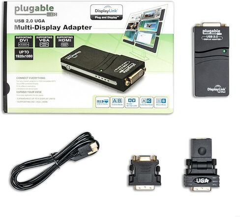 Plugable USB 2.0 to DVI, VGA, or HDMI Video Graphics Adapter for Multiple Monitors up to 1920x1080 Supports Windows 11, 10, 8.1, 7, XP, Mac, and ChromeOS in Kuwait