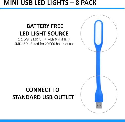 فينلي ايز مصباح USB صغير مرن للكمبيوتر واللاب توب بتصميم عنق الاوزة المرن، مصدر اضاءة LED، عبوة من 8 قطع in Kuwait