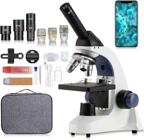 مجهر أحادي مركب للأطفال البالغين - مجهر أحادي 40X-2000X للأطفال البالغين والطلاب مع حقيبة تخزين، عدسة معدنية، شرائح (2022) in Kuwait