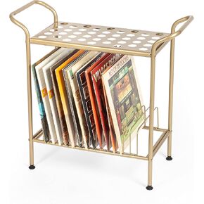 Ilyapa 2-Tier Gold Metal Record Player Stand with 14 Slot Vinyl Record Holder - Honeycomb Design Turntable Shelf with Record Shelf, Mid Century Round Record Player Stand
