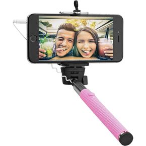 Circuit City Wired Extendable Selfie Stick with Remote Control Handle Extra-Long 42" Extending Monopod with Lanyard Steel Telescoping Phone Holder for iPhone 6, 5, 4, Samsung S6, S5 & More (Pink) in Kuwait