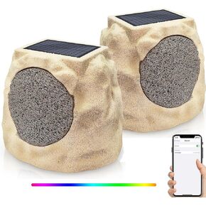 مكبرات صوت NiceBuy Rock خارجية مقاومة للماء تعمل بالطاقة الشمسية مكونة من 2 مكبر صوت Rock Bluetooth لاسلكي وسماعات حديقة تعمل بالطاقة الشمسية مع زوج TWS وألوان RGB وشحن DC للشواء على سطح الفناء الخارجي، أصفر in Kuwait