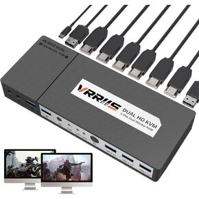 VRRIIS HDMI KVM Switch 2 Port Monitor Switch for 1 Monitors 2 Computers أو MacBook pros، UHD 4K @ 60 هرتز، محور USB3.0، مكبر صوت ماوس لوحة مفاتيح الكمبيوتر مع 4 قطع كابل HDMI 2USB-C ومحول طاقة UL. in Kuwait