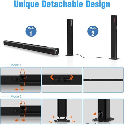 SAMTRONIC 40W Detachable TV Soundbar Speaker, 37 Inches TV Sound Bar Build in subwoofer Bluetooth Sound Bars with Stereo Audio System 3D Surround Sound Home Theater Tower TV Speaker with Remote in Kuwait