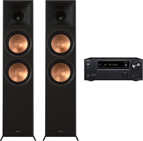 مكبر صوت Klipsch Reference Premiere RP-8000F II على الأرض مزود بمكبرات صوت سيراميكية مقاس 8 بوصات باللون الأبنوسي مع جهاز استقبال AV للشبكة المعتمد من Onkyo TX-NR6100 7.2 قناة THX in Saudi Arabia