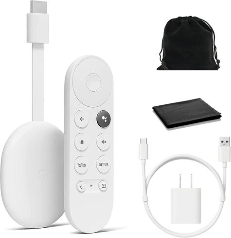 Google Chromecast - جهاز بث مع كابل HDMI وجهاز تحكم عن بعد للبحث الصوتي - بث العروض والموسيقى والصور والرياضة من الهاتف إلى التلفزيون - يتضمن قطعة قماش للتنظيف وحقيبة - إصدار HD - ثلج in Saudi Arabia