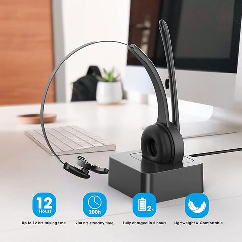 Bluetooth Headset with Microphone, Noise Canceling Wireless On Ear Headphones, Bluetooth Headphones with Mic Charging Base, Phone Headset Mute Button for Laptop, Skype, Call Centers, Office, Trucker in Kuwait