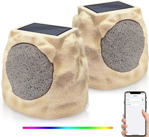 مكبرات صوت NiceBuy Rock خارجية مقاومة للماء تعمل بالطاقة الشمسية مكونة من 2 مكبر صوت Rock Bluetooth لاسلكي وسماعات حديقة تعمل بالطاقة الشمسية مع زوج TWS وألوان RGB وشحن DC للشواء على سطح الفناء الخارجي، أصفر in Kuwait