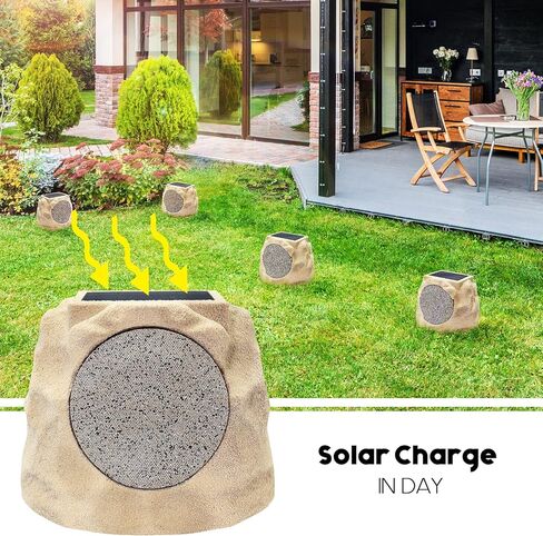 مكبرات صوت NiceBuy Rock خارجية مقاومة للماء تعمل بالطاقة الشمسية مكونة من 2 مكبر صوت Rock Bluetooth لاسلكي وسماعات حديقة تعمل بالطاقة الشمسية مع زوج TWS وألوان RGB وشحن DC للشواء على سطح الفناء الخارجي، أصفر in Kuwait