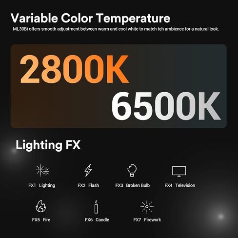 Godox ML30Bi Handheld Bi-Color LED Video Light, Portable Studio LED Continuous Light 2800K-6500K, 41000 lumens CRI 96+ TLCI 97+, 21 FX Effects, APP Control, Silent Mode, Compatible with Godox Mount in Kuwait