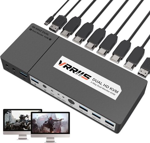 VRRIIS HDMI KVM Switch 2 Port Monitor Switch for 1 Monitors 2 Computers أو MacBook pros، UHD 4K @ 60 هرتز، محور USB3.0، مكبر صوت ماوس لوحة مفاتيح الكمبيوتر مع 4 قطع كابل HDMI 2USB-C ومحول طاقة UL. in Kuwait