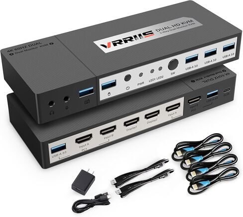 VRRIIS HDMI KVM Switch 2 Port Monitor Switch for 1 Monitors 2 Computers أو MacBook pros، UHD 4K @ 60 هرتز، محور USB3.0، مكبر صوت ماوس لوحة مفاتيح الكمبيوتر مع 4 قطع كابل HDMI 2USB-C ومحول طاقة UL. in Kuwait