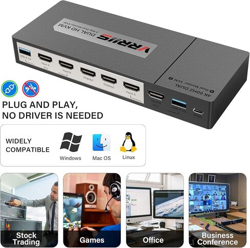 VRRIIS HDMI KVM Switch 2 Port Monitor Switch for 1 Monitors 2 Computers أو MacBook pros، UHD 4K @ 60 هرتز، محور USB3.0، مكبر صوت ماوس لوحة مفاتيح الكمبيوتر مع 4 قطع كابل HDMI 2USB-C ومحول طاقة UL. in Kuwait