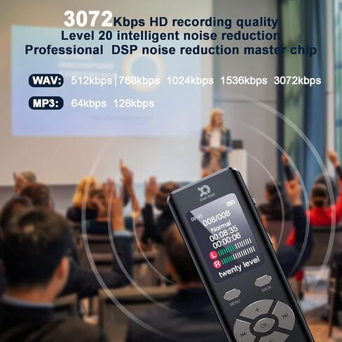 مسجل صوت رقمي 3072 كيلوبت في الثانية HD مسجل صوت نشط مع تشغيل، مسجل ديكتافون للمحاضرات والاجتماعات والمقابلات - جهاز تسجيل صوتي مع كلمة مرور USB شحن / مشغل MP3 (8 جيجابايت) in Kuwait