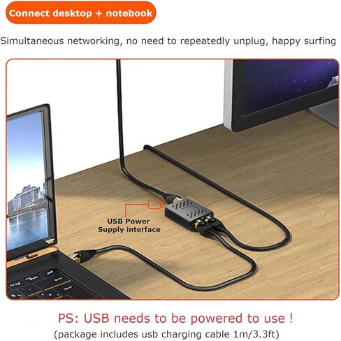 موزع ايثرنت 1 الى 2 ار جيه 45 [2 شبكة متزامنة]، محول محول شبكة مع كابل شحن USB 3.3 قدم، مناسب لكات 5/6/6E/7/8، الكمبيوتر/الراوتر/تي في بوكس in Kuwait